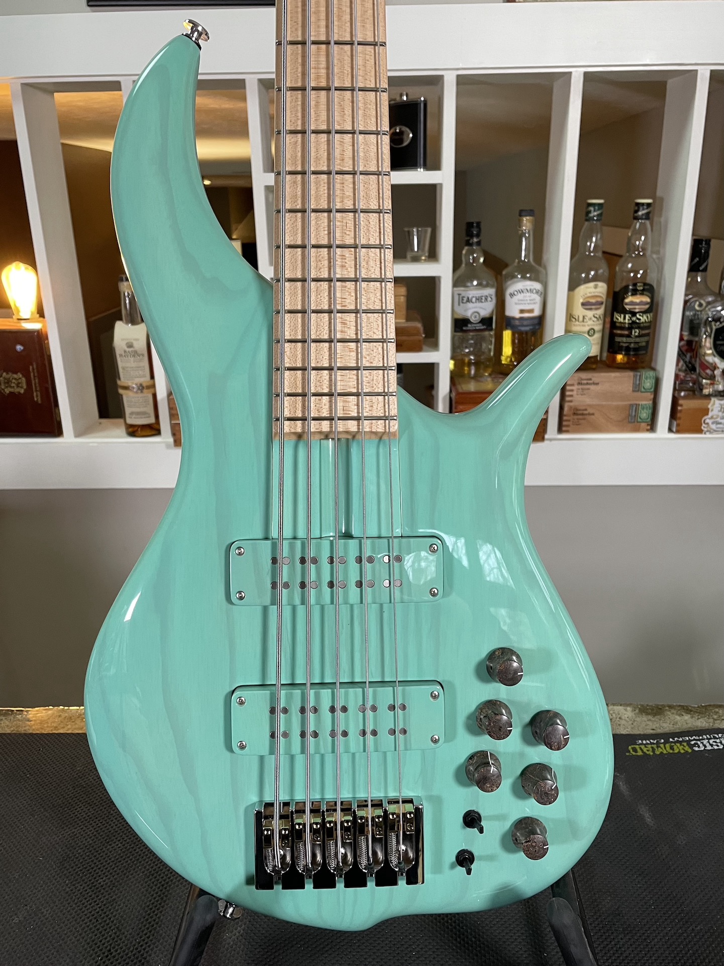 NEW F Bass BN5 DELUXE: Transparent Seafoam Green, Exposed-pole Humbucking  pickups with 3-way toggles